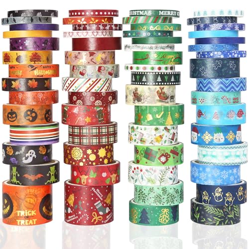 NIKOMIE 60 Rolls Holiday Washi Tape Set 4 Sizes Decorative Masking Tape Christmas Thanksgiving Fall Halloween Winter Washi Tape for Journaling Supplies Scrapbook Journal Bullet