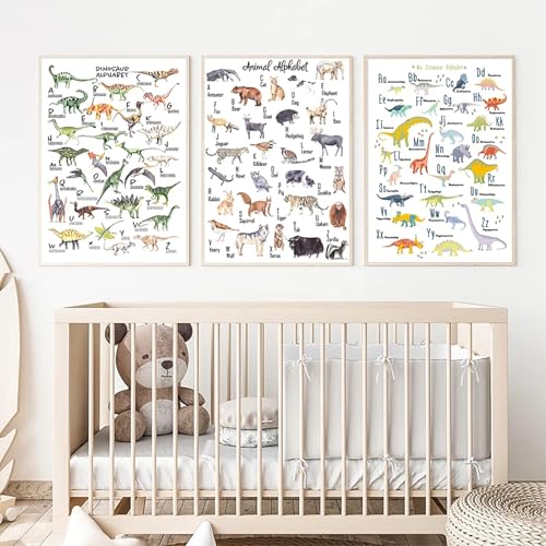 Affiche ABC dinosaure bébé lot de 3 toiles éducatives non encadrées pour chambre