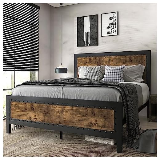 SHA CERLIN Grey Metal Bed Frame Queen/Industrial Wooden Platform Bed with Rivet Headboard Footboard / 13 Strong Metal Slat Support & 9 Stable Legs/Noise-Free/Easy Assembly/No Box Spring Needed