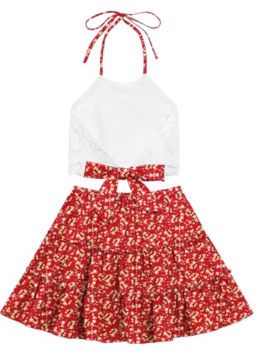 LYANER Women's 2 Piece Outfits Summer Lace Halter Cami Crop Top with Floral Mini Skirt Set2
