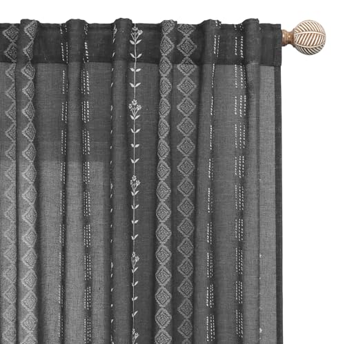Lino Rosa Black Curtains for Bedroom,Sheer Linen Light Filtering Boho Curtains for Kitchen Bathroom...