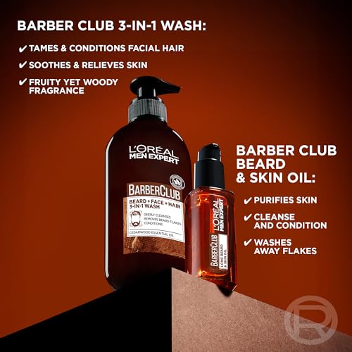 L’Oréal Men Expert Barber’s Bundle Gift Set for Men, 3-In-1 Beard, Face & Hair Wash 200ml & Beard & Skin Oil 30ml, Barber Club Duo with Cedarwood Essential Oil, for All Beard and Skin Types - Image 4