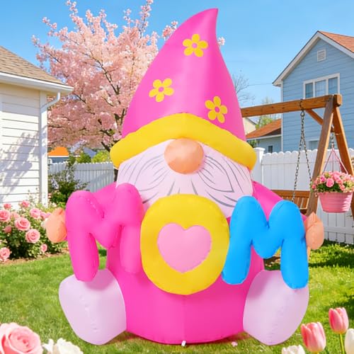 COMIN Mothers Day Inflatables Happy Mothers Day Decorations 5 FT Inflatables Pink Gnomes Blow Up Yard Decorations with Built-in LEDs for Indoor Party Garden Lawn Decor