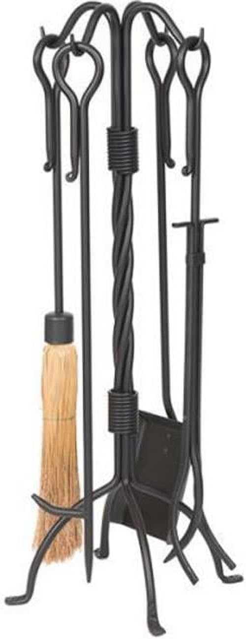 Wrought Iron Fireplace Tool Set - Corn Broom & Twist Stand Black - 5 Piece
