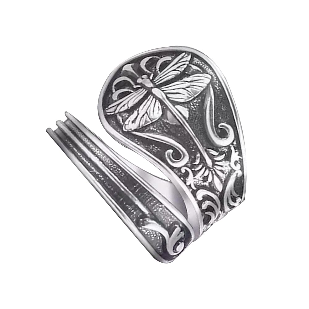 Anillos ajustables con cuchara de libélula para mujeres y hombres, estilo vintage, lindo animal retro, bandas envolventes abiertas, ajuste cómodo, anillos para el pulgar, anillos oxidados, joyería de