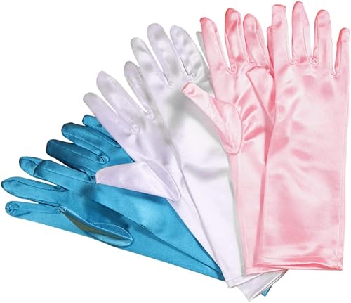 Juego de 3 pares de manos de satén para niños, guantes de princesa de satén para niños, guantes de princesa blancos para niños, recuerdos de