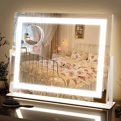 FENNIO Vanity Mirror with Lights 22''x18'' Makeup Mirror with Lights,Lighted Makeup Mirror with 10X Magnification and USB,Smart Touch Screen with 3-Color Lighting,Dimmable(Square White)