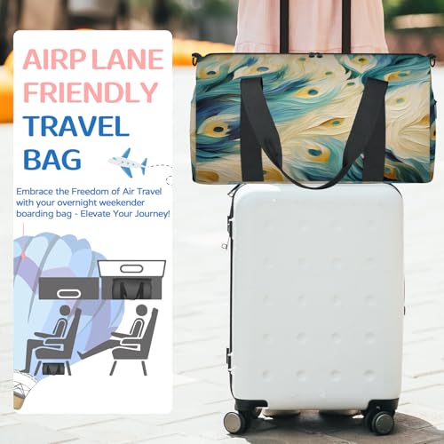 Animal Peacock Feathers Pattern Sports Duffle Bag for Women Men Waterproof Overnight Weekender Bag with Adjustable Strap Travel Tote Bags for Beach Yoga Work Dance Swim3