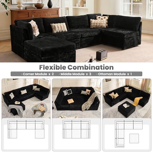Image of ovios Modular Sectional Sofa Couch with Sofa Bed L-Shape Chaise, Comfy Plush Corduroy Cloud Couches, Modern Luxury Deep Seat Sofas Set for Living Room, 6-Seater, Black