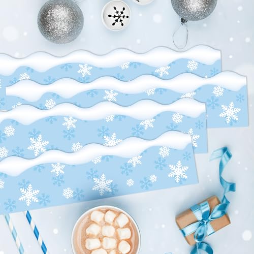 Image of BeYumi Winter Snowflake Border Trim - 65ft Winter Snowflake Scalloped Rolled Border Trim Light Blue Christmas Bulletin Board Borders School Classroom Office Chalkboard Decor Party Decoration