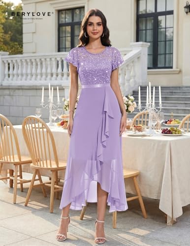 Image of BeryLove Formal Long Dresses for Women Wedding Guest Cocktail Bridesmaid | Airy Lace & Chiffon Evening Gown, Flutter Sleeve, Ideal for Mother of the Bride, Prom, Homecoming Party & Semi-Formal Events