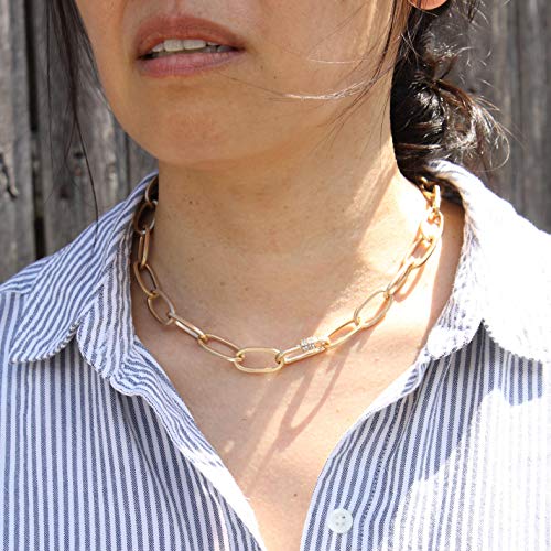 Pomina Worn Gold Silver Thick Chunky Fashion Chain Necklace Carabiner Lock Pendant Paperclip Link Cuban Chain Necklace For Women Men (Link Carabiner_Worn Gold) #TOP1
