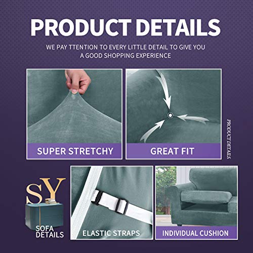 Znsayotx Luxury Velvet Couch Cover 3 Piece Stretch Sofa Covers For 2 Cushion Couch Soft Loveseat Slipcover Living Room Anti Slip Dogs Pet Love Seat Furnitre Protector (Stone Blue), 55"-69"(2 Cushions) #TOP3