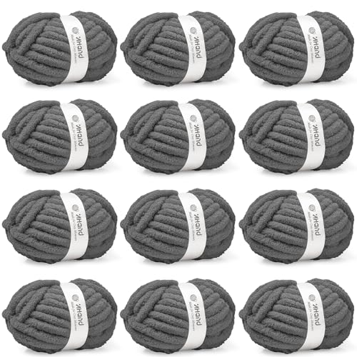 Image of Inhand Chunky Chenille Yarn for Hand Knitting,Thick Bulky Blanket Yarn for Crocheting,Soft Fluffy Yarn for Crochet Birthday Gifts for Men /Women /Beginners,12 Pack (29.5Yds /8.4oz Each),Deep Gray