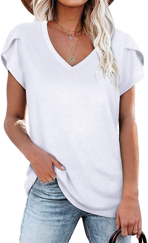isermeo Womens Summer Tops Sexy V Neck Petal Sleeve Casual Solid Color Tee Tshirts S-XXL