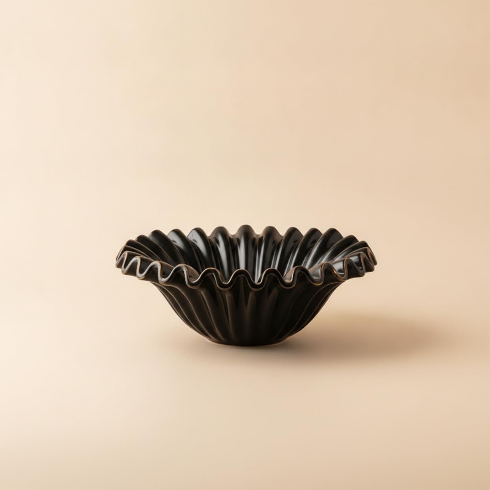 perfk Tazón Industrial para Frutas en Cerámica Diseño Ondulado con Pedestal Decoración Funcional y Práctica Adecuado para Recibidor y Oficina, Negro, 26 12.7cm