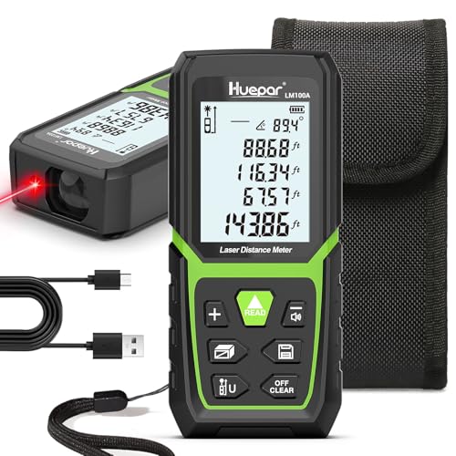 Télémètre Laser, Huepar 120m Mètre Laser de Haute Précision avec Batterie Li-ION et Capteur d'angle Électronique, Écran LCD Rétro-Éclairé, Modes de Mesure Multiples M/in/Ft, Pythagore/Distance/Volume