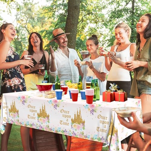 Image of 3PCS Princess Birthday Party Tablecloths Decorations, Once Upon a Time Birthday Decorations Plastic Princess Castle Party Floral Table Cover for Girls Baby Shower