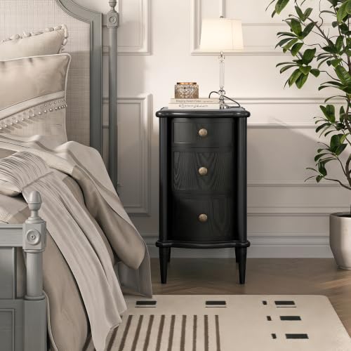 Image of JOINICE Narrow End Table with Drawers for Living Room, Vintage Black | Slim Nightstand with Storage for Bedroom, Skinny Bed Side Table with Charging Station for Small Spaces, Wood-Grain Texture