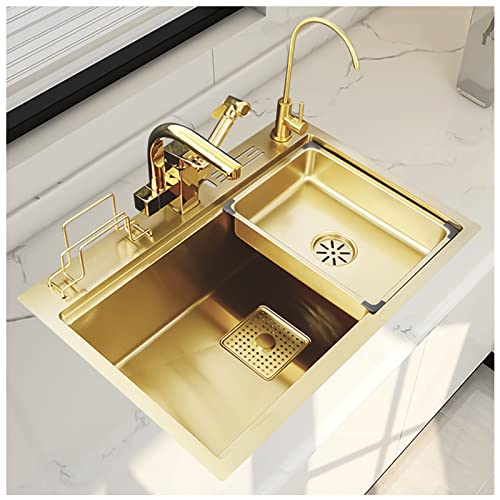 INGVY Fregadero De Barra Rectangular Dorado Fregadero De Cocina De Acero Inoxidable De Un Tazón Cepillado con Escurridor Dorado Y Kit De Montaje (Color : E, Size : 68x46x22cm)