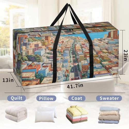 Modern City Extra Large Moving Bags Heavy Duty Storage Bags Colorful City Cloth Wrap Around Handles Double Zipper Reusable Convenient Foldable Storage Tote for Travel Camping Space Save2