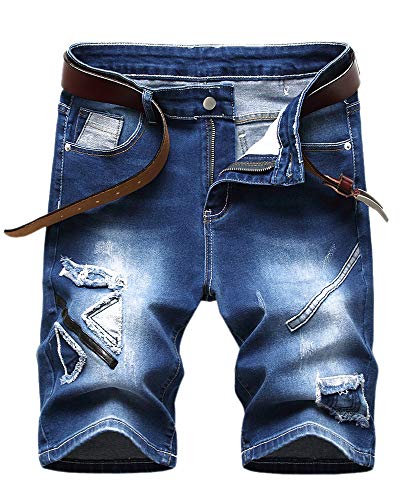 SHOOYING Mens Summer Stretch Ripped Patch Denim Short Casual Holiday Jean Shorts with Pockets, Blue, US 34 / Tag 36