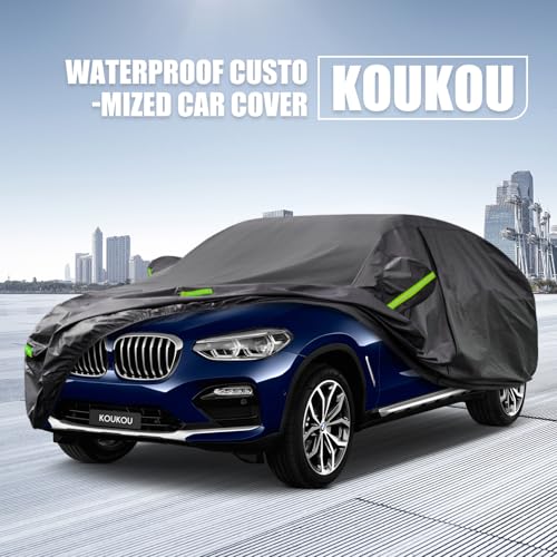 Image of KouKou Waterproof SUV Car Cover Suitable for BMW X3 from 2003 to 2025, 7 Layers Windproof All Weather Waterproof Outdoor Cover Sun Rain UV Dust Snow Protection. Black