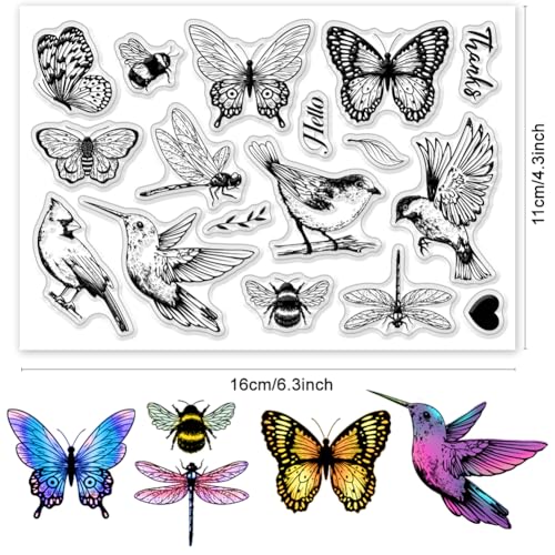 Infunly Vintage Bird Clear Stamps Butterfly Insect Rubber Stamps For Card Making 4.3X6.3 Hello Thanks Transparent Greeting Stamps Dragonfly Bee Silicone Stamps For Scrapbooking Photo Album Decor thumb #1