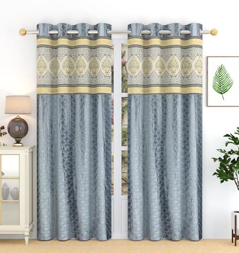 Image of Exporthub Set of 2 Pc Heavy Quality Premium Curtains Flowers Patch Design Grey Color Window Curtains - Window - 6 feet (EHSPR957 64)