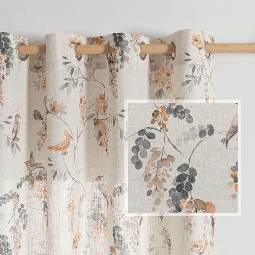 Image of MYSKY HOME Living Room Curtains & Drapes Semi Sheer Linen Look Window Curtains 95 inches Long Light Filtering Privacy Protect Bird Pattern Decoration Texture Soft Touch, 52 inch x 95 inch, Orange, 2 Panels