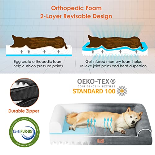 EHEYCIGA Memory Foam XL Dog Bed for Large Dogs, Orthopedic Waterproof Extra Large Dog Bed with Foam Sides, Non-Slip Bottom and Big Dog Couch with Washable Removable Corn Fleece Cover, Grey - Image 3