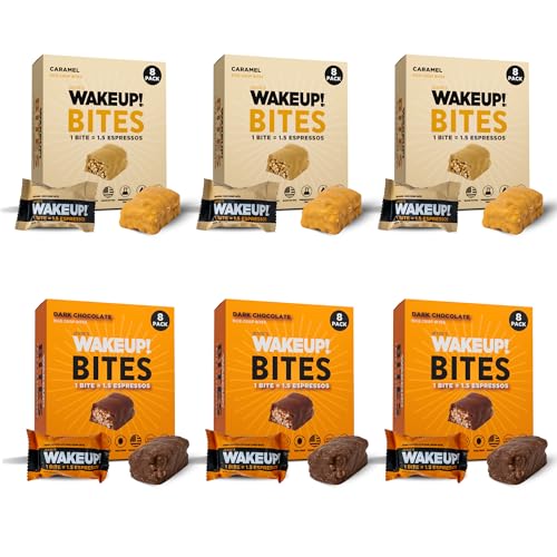 Image of WAKE UP! Caffeinated Protein Bites - VALUE PACK - 6 Cartons (48 Bites) 3 Caramel & 3 Dark Chocolate Proprietary Blend with 175mg Caffeine (1 Bite = 1.5 Espressos) Boosts Focus & Clarity - Gluten-Free, Vegetarian, Kosher