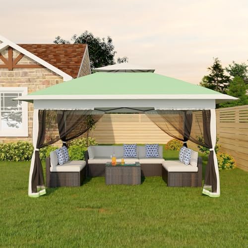 Canopy Tent 12x12 ft, Pop Up Gazebo One-Push Setup with 4 SandBags for Backyard Parties and BBQs, Mosquito Netting & Height Adjustable - Olive Green,