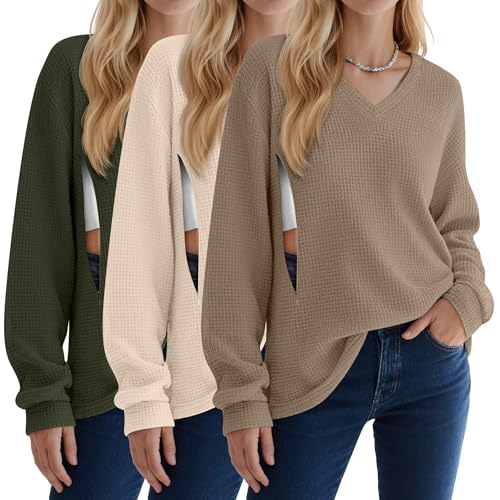 Image of Sweetyweee 3 Pack Women's Oversized Nursing Tops Waffle Knit V Neck Breastfeeding Long Sleeve Shirts Hidden Zipper Sweatshirt
