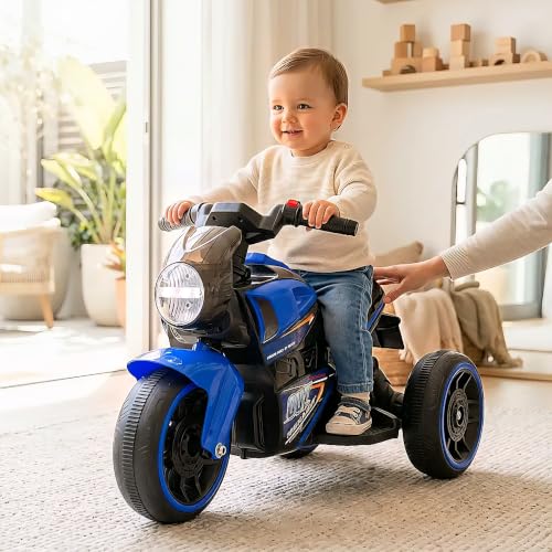 Image of MEKASHI 6V Electric Ride-On Bike for Kids | Turbo Blue | Battery Operated Motorcycle with Bluetooth Music, LED Headlight, Foot Accelerator & Training Wheels | Ride-On Toy for Boys & Girls 1-4 Years
