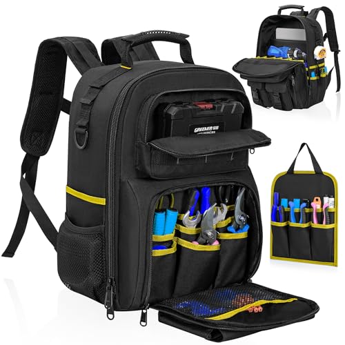LASUK Mochila de ferramentas, bolsa de ferramentas resistente com ombro acolchoado e organizador de ferramentas removível, mochila de trabalho resistente à água, para eletricista, encanador, HVAC