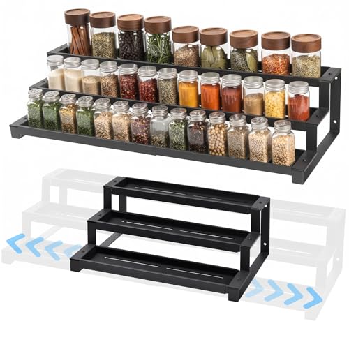 GOENDR 3 Tier Spice Rack for Inside Cupboard 41-75cm Expandable Spice Organiser Large Seasoning Organizer Spice Jars Rack for Kitchen Countertop Pantry Bathroom Black