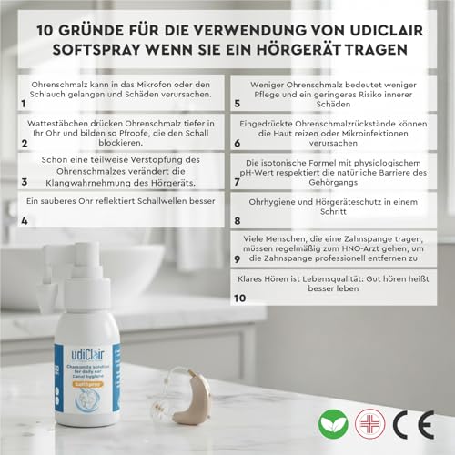 Ohrenschmalz Entferner Spray 50 ml - UdiClair SoftSpray - Isotonische Lösung 0% Alkohol Made in Italy - Ohrenreinigung für Erwachsene Kinder und Seniore