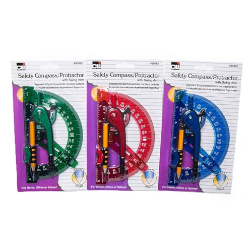 Charles Leonard Safety Compass and 6 Inch Swing Angle Arm Protractor Combo Packs, Assorted Colors, 12 Combo Packs (80965-ST)