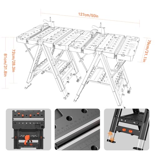 Combined Portable Folding Work Table,2-in-1 Sawhorse & Workbench,Waterproof Workbench with Extra Load Capacity with 8 Woodworking Clamps,8 Connecting Blocks,4 Limit Blocks