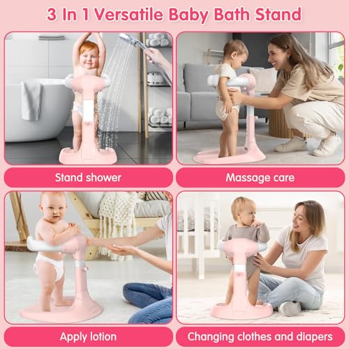 Image of Foldable Baby Shower Standing Support with Anti-Slip Base and Shower Holder, Adjustable Baby Bath Stand, No Assembly /Installation Toddler Stand Up Shower Support for Home /Travel Bath Time, Pink