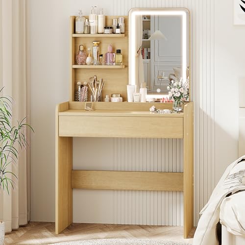 Memobarco Small Vanity Desk with Mirror and Lights, Makeup Vanity with Drawer & Storage Shelves, Vanity Desk with 3 Lighting Modes & Adjustable Brightness, Dressing Table for Women Girls Bedroom, Wood
