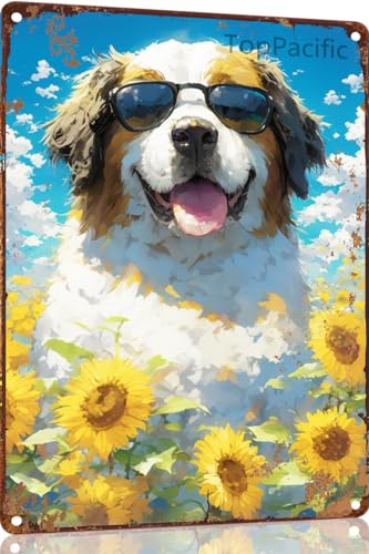 TopPacific Plaque murale vintage en métal 30,5 x 40,6 cm représentant un chien Saint-Bernard portant des lunettes de soleil - Plaque murale amusante pour café, bar, restaurant, boutique, cadeaux pour