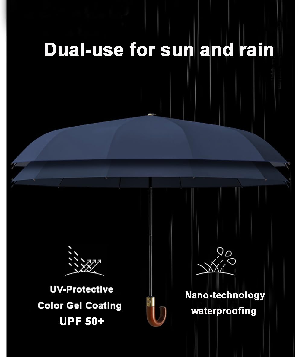 LCY Paraguas plegable automático grande con mango de madera maciza, protección UV UPF50+, resistente al viento, impermeable, paraguas de viaje
