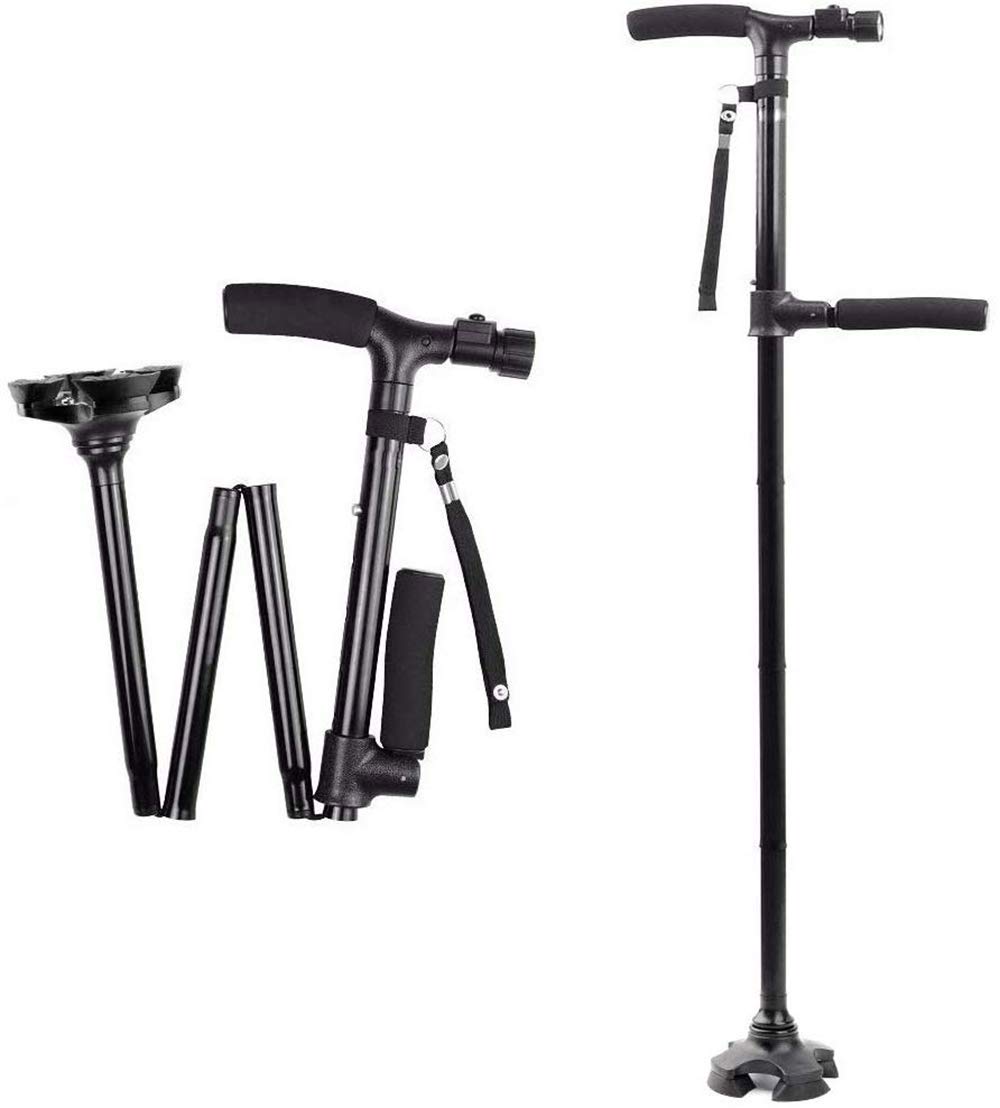 Bastones Bastón Plegable con luz LED Bastón Extensible autoportante con Doble empuñadura y muletas Regulables en Altura para Personas Mayores