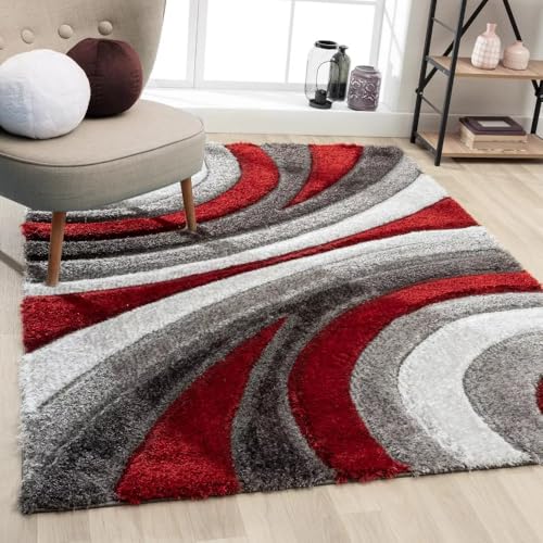 Image of Soft Shaggy Carpet 5x8 Feet - Ultra Plush, Non-Slip, High Pile 2 Inch Microfiber Rug for Bedroom, Living Room, Kids Room & Office - Modern Cozy Floor D�cor (RED Gray C)
