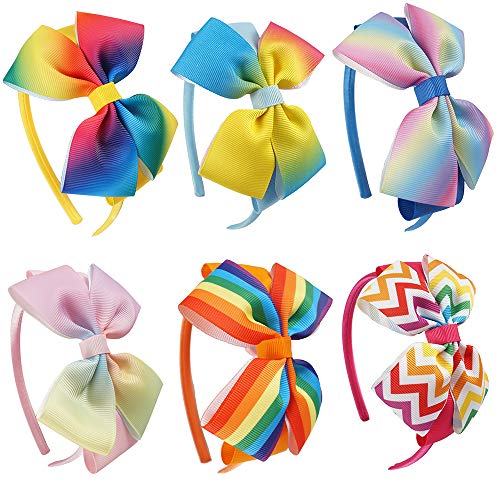 Newtrend Everyday Big Jojo Bows with Unicorn and Rainbow Pattern Beautiful Grosgrain Hair Accessories Headband for Girls, Multicolored-bh187-6pcs, Large