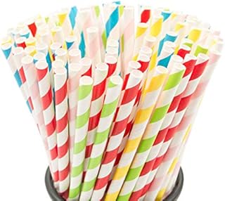 100PCS Biodegradable Paper Straws Bulk, Assorted Rainbow Colors Striped Drinking Straws for Juice, shakes, Cocktail, Coffee,Soda, Milkshakes, Smoothies,Celebration Parties and Arts Crafts Projects