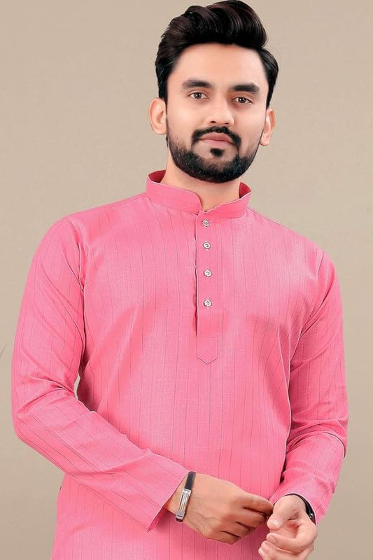 Image of FASHION GALLERY Men's Solid Pattern Polycotton Kurta with Long Sleeve Round Neck Knee Length and Pull On Closure Type|Men Kurta Pajama Set