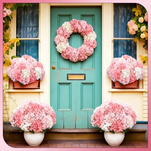 Image of Suncalla Pink 6 Bundles Hydrangea Artificial Flowers Bulk 30 Heads 20'' Faux Fake Hydrangea for Spring Graves Easter Decor Porch Indoor Outdoor Home Garden Wedding Table Centerpieces